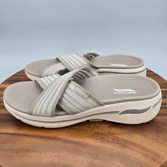 Skechers Go Walk Arch Fit Sandals Women's 9 Dark Taupe Criss Cross Straps Slides - Picture 3 of 7